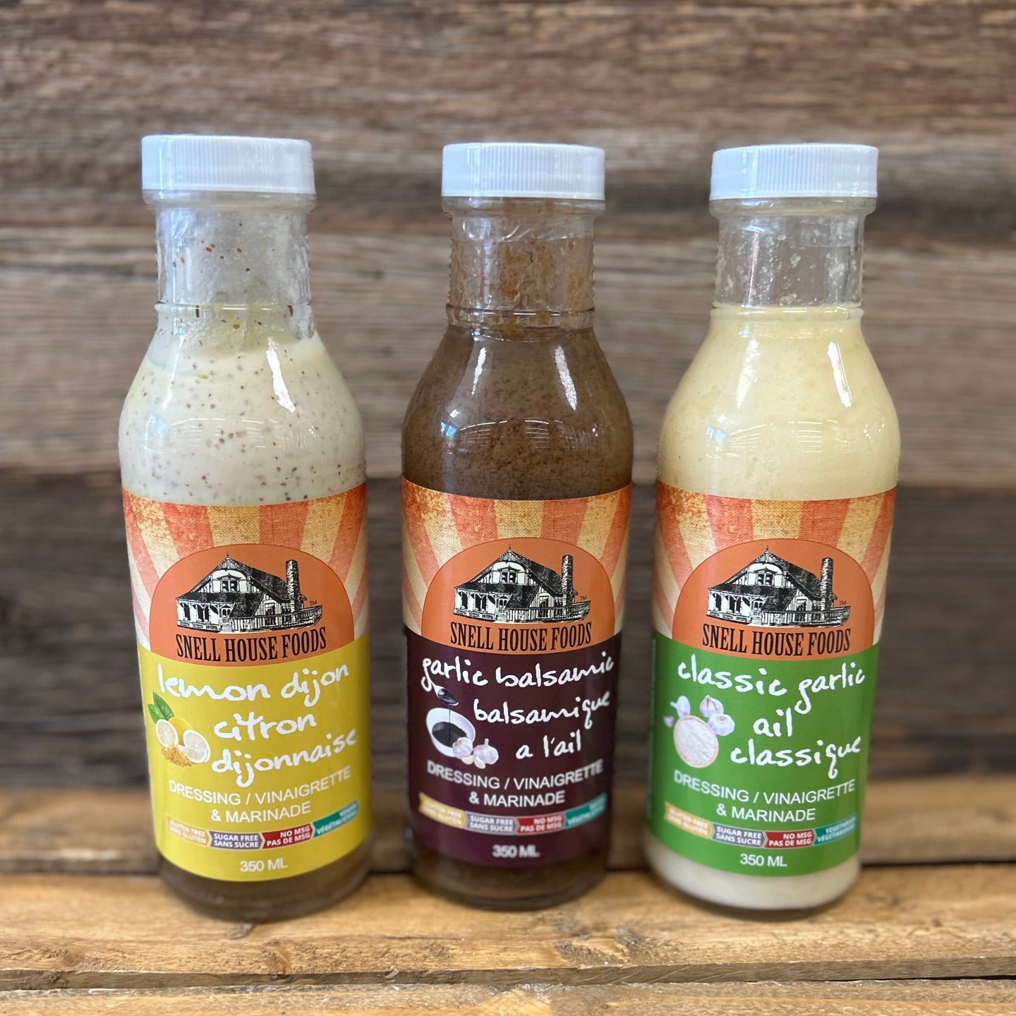 Three bottles of Snell House Farm dressings